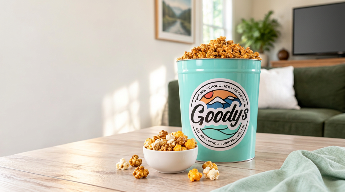 Goody’s popcorn tin and a bowl of popcorn on a sunlit table; illustrative setting